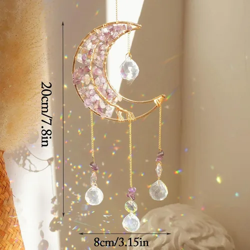 Vista 4 de Crystal Moon Suncacher - Captadores de Sol para ventana de interior, prisma de cristal luna, captador de sueños de cristal, piedras curativas