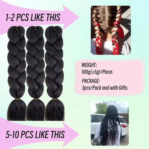 Vista 3 de Cabello trenzado de fibra sintética, tamaño jumbo, extensiones de cabello Kanekalon suave, color negro, (24 pulgadas, 3 piezas)
