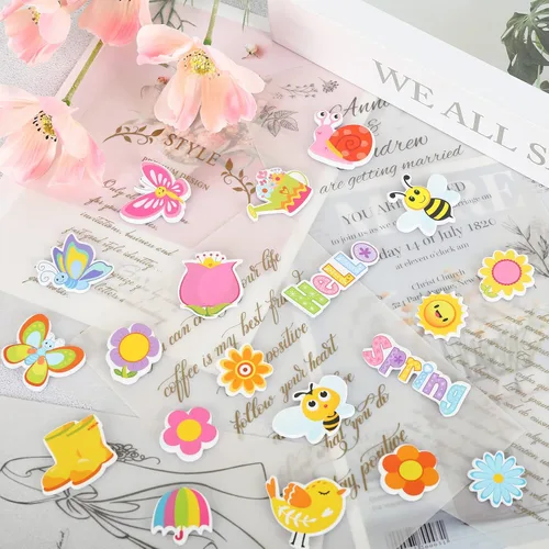 Vista 4 de Whaline 360 calcomanías de espuma de primavera, diseño de flores de dibujos animados, mariposa, abeja, 20 diseños, Hello Spring, autoadhesivas