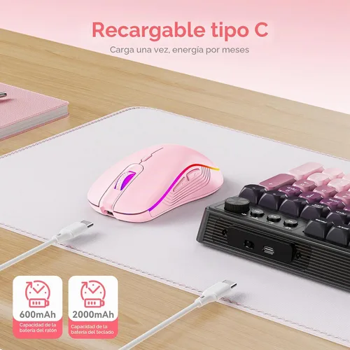 Vista 3 de Combo de teclado y mouse inalámbricos, batería recargable con retroiluminación RGB de 2000 mAh, teclados de computadora inalámbricos, teclado