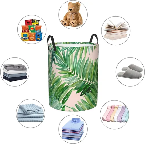 Vista 6 de Cesta de lavandería con hojas de palmera, organizador circular con asas para baño, dormitorio