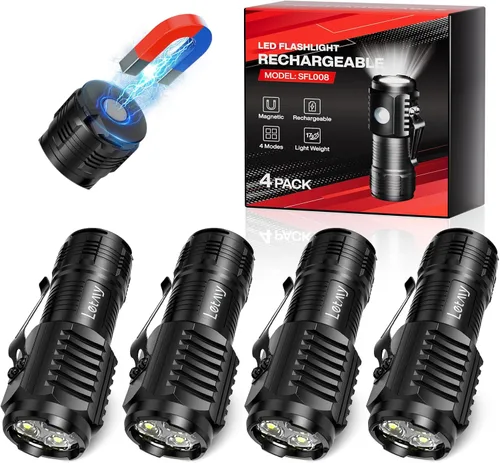 Vista 8 de LETMY Mini linternas recargables con base magnética, paquete de 2 luces brillantes de 3 LED, pequeña linterna EDC con clip para cinturón, 4 modos