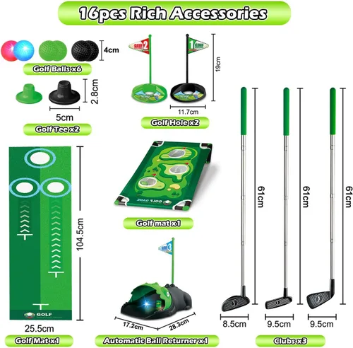Vista 7 de TERRAMUS Juego de golf 3 en 1 para niños con devuelvedor automático de dinosaurio, tablero de Cornhole de golf, bolas con luz LED, alfombra de putt