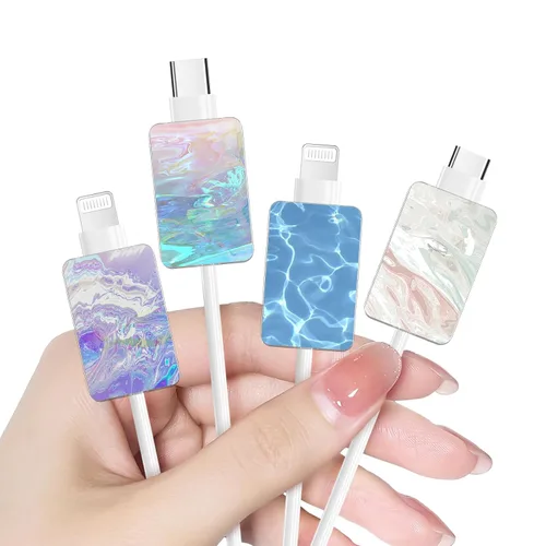 Vista 24 de Bonito protector de cable floral para cargador de iPhone, patrón de lavanda, camelia, girasol, ramo de flores, encaje, cerezo en flor, set de 6