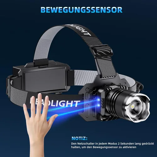 Vista 6 de Stirnlampe LED Wiederaufladbar, Ultrahelle Kopflampe Stirnlampe mit Bewegungssensor, 3 Lichtmodi & 2 Rotlicht, IPX7 Wasserdicht Headlamp für