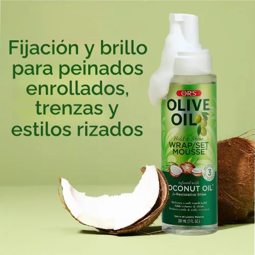 Vista 7 de ORS Set de envoltura de aceite de oliva Hold & Shine Mousse infundida con aceite de coco para un brillo reparador, 7 onzas