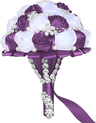 Vista 8 de XINNI Ramo de boda negro para novia, dama de honor, satén con diamantes de imitación y perlas para boda, fiesta de quinceañera, negro y marfil