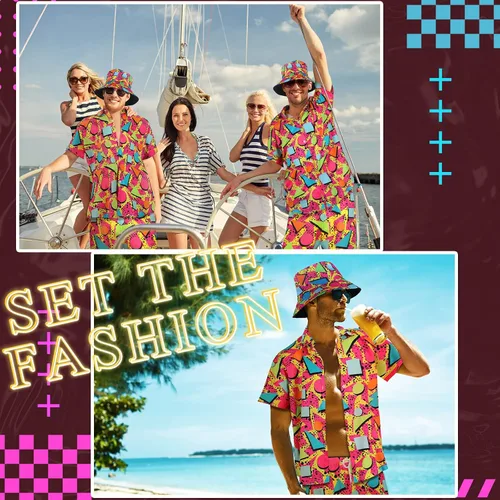 Vista 7 de Conjunto de 2 piezas de camisa y pantalones cortos retro de los años 80 y 90 con sombrero, trajes de playa hawaianos para hombres, fiesta