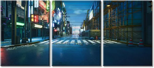 Vista 18 de Arte de pared de 3 piezas de escena de ciencia ficción de la calle comercial futurista paisaje urbano, decoración de pared para dormitorio