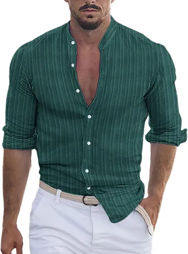 Vista 8 de Camisa de lino de algodón para hombre, manga larga con botones, cuello alto con bandas para playa y verano