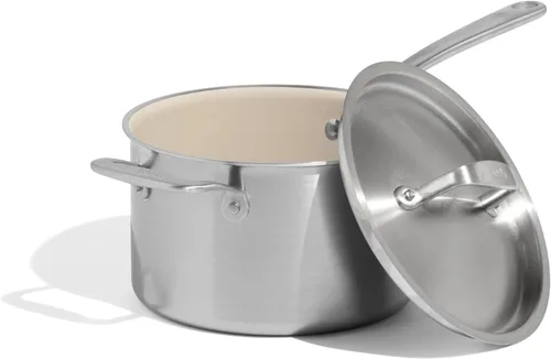Vista 10 de Made In Cookware - 2 QT CeramiClad Non Stick Saucepan with Lid (Antique Brass Handle) - 5-Ply Stainless Clad with Stay-Cool Handle - Professional