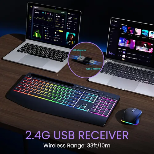 Vista 6 de Combo de teclado y mouse inalámbricos: teclado recargable VEILZOR 2.4G con soporte para teléfono, reposamuñecas ergonómico, 9 efectos