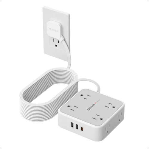Vista 21 de TESSAN - Tira de alimentación con protector de sobretensiones, cable de extensión plano de 5 pies con 8 salidas de CA, 3 puertos USB (1 USB C), Gris