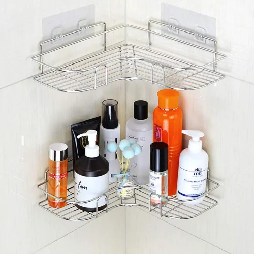 Vista 4 de Paquete de 2 organizadores de ducha esquineros, estante adhesivo de baño montado en la pared, estante de baño de acero inoxidable, organizador