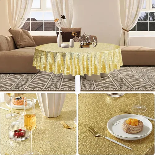 Vista 6 de Mantel redondo de lentejuelas doradas de 50 pulgadas, mantel redondo superpuesto, mantel redondo con purpurina dorada para bodas, fiestas