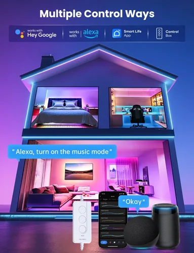 Vista 6 de Tira de luz LED RGB+IC, luz LED inteligente de 32.8 pies para dormitorio, control de aplicación Bluetooth, tira de iluminación LED que cambia