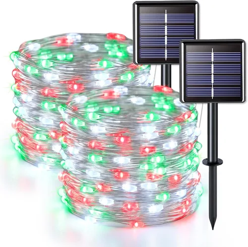 Vista 18 de JMEXSUSS Paquete de 2 luces solares de Navidad impermeables para exteriores, 100 LED de 33 pies, color blanco y multicolor, luces solares de hadas