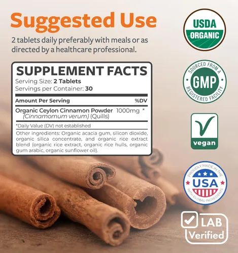 Vista 4 de Pastillas orgánicas de canela de Ceilán USDA – Suplemento de canela de Ceilán de alta potencia con 1000 mg por porción para apoyo antioxidante