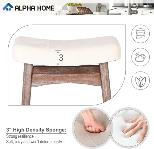 Vista 3 de ALPHA HOME Taburete de bar, taburete de cocina de silla de montar de madera maciza con cojín de tela de lino beige, taburete de bar de altura