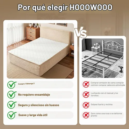 Vista 7 de Base de cama matrimonial sin hueso con cabecera de colchón, cama sin Beige
