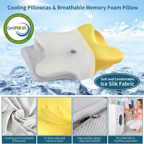 Vista 2 de Almohada cervical para aliviar el dolor de cuello, almohada cervical ergonómica para dormir, almohadas refrescantes de espuma viscoelástica