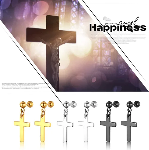 Vista 5 de OIDEA Aretes de cruz de acero inoxidable para hombre, juego de aretes de aro colgantes con bisagras, regalo de joyería para hombres y mujeres