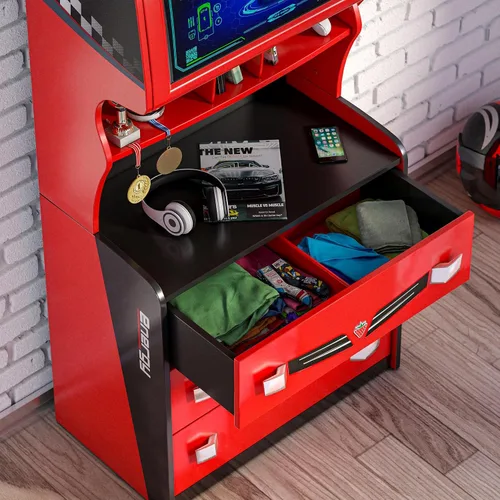 Vista 6 de Cilek GTS EV - Cómoda de 3 cajones con gabinete, diseño de cargador de coche EV, estantes adicionales, cajones de cierre suave, color rojo