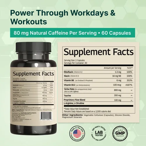 Vista 2 de Yerba Mate 1400mg - Suplementos mágicos naturales de cafeína y energía, alta potencia mejorada con taurina y complejo de vitamina B - 60 cápsulas