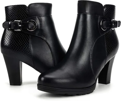 Vista 13 de mysoft - Botines de mujer con cremallera, tacón grueso apilado, botas de tobillo con hebilla y correa en el tobillo Marrón (Brown Buckle)