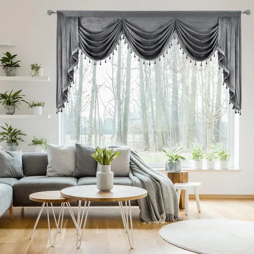 Vista 14 de Cenefa de terciopelo negro para sala de estar, cenefas de cascada de lujo para ventanas, cenefa de cuentas con borlas para cocina, cenefa