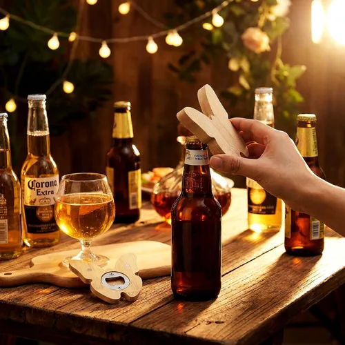 Vista 4 de Vesici 24 piezas de abrebotellas magnético de 6.35 cm DIY en forma de mariposa de bambú, abrebotellas de madera, imán de nevera, adhesivo
