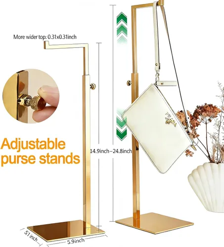 Vista 2 de Soporte de exhibición dorado para bolso, paquete de 2 soportes de exhibición de bolso de altura ajustable, base antideslizante de estabilidad