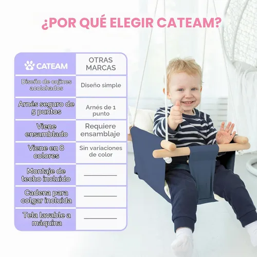 Vista 4 de CaTeam - Columpio de lona para bebé, silla colgante de madera con cinturón de seguridad, silla de columpio para bebé duradera, columpio