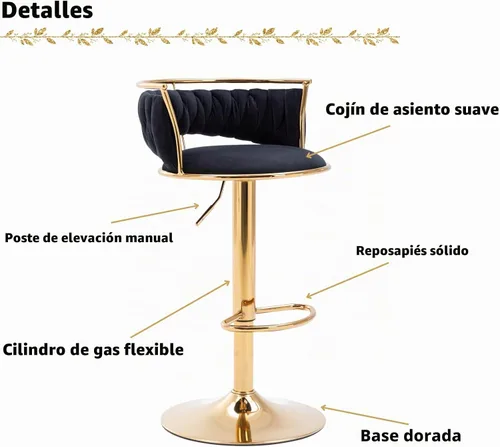 Vista 4 de HEAH-YO Juego de 2 taburetes de bar tejidos, taburetes de bar ajustables con respaldo y base dorada maciza, taburetes de cocina giratorios de Negro