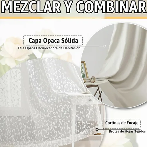 Vista 5 de Jubilantex Cortinas opacas completas + paneles de ventana transparentes con hojas, juego de tratamiento de ventana de doble capa estilo mezcla