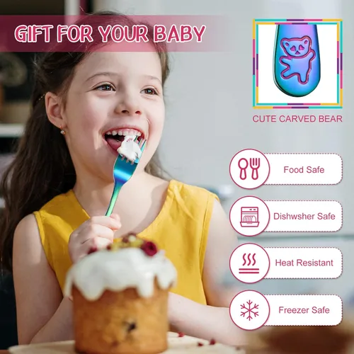 Vista 4 de Minatee Juego de cubiertos de 6 tenedores de arco iris para niños pequeños, cubiertos pequeños de grado alimenticio, cubiertos de acero inoxidable