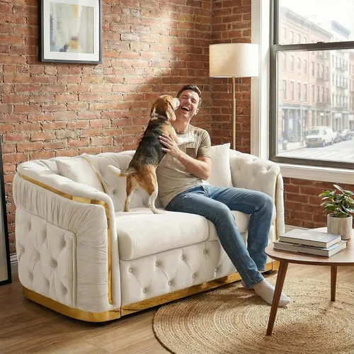 Vista 7 de Sofá Chesterfield de 62.6 pulgadas, moderno de mediados de siglo, sofá de terciopelo blanco beige y dorado, sofás de lujo para sala de estar