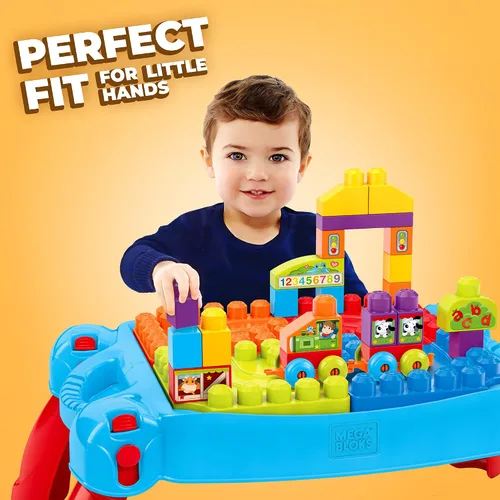 Vista 4 de Mega BLOKS First Builders - Bolsa de construcción grande rosa + mesa Build 'n Learn, paquete de juego de construcción, 110 piezas, juguetes