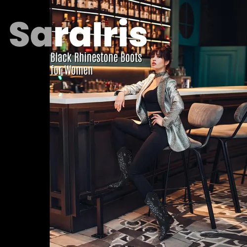 Vista 3 de SaraIris Botas vaqueras para mujer, botas vaqueras, botas occidentales, tacón grueso, punta puntiaguda, con diamantes de imitación bordados, botas