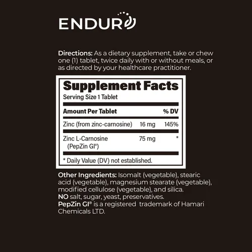 Vista 6 de ENDUR PepZinGI Zinc Carnosine 75mg, tabletas masticables, 60 tabletas PepZinGI® patentado, 59 mg de L-carnosina, 16 mg de zinc, comodidad gástrica