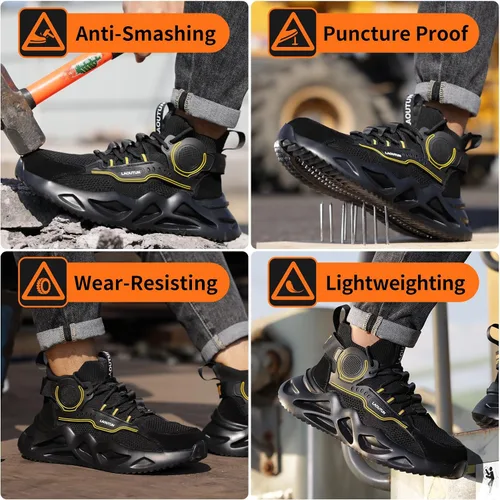 Vista 7 de LAoutun Zapatos de punta de acero para hombres y mujeres, zapatos de trabajo de seguridad, cómodos, ligeros, a prueba de pinchazos, zapatos