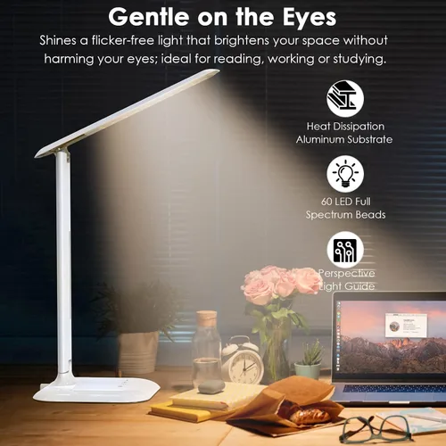 Vista 5 de Lámpara de escritorio LED, luz de escritorio con puerto de carga USB, 3 modos de color, 5 niveles de brillo, lámpara de mesa regulable, lámpara