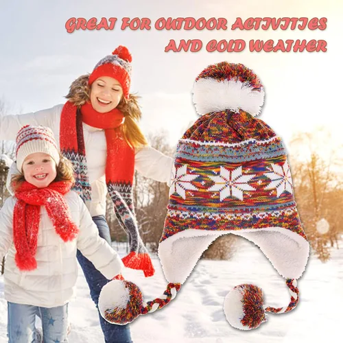 Vista 5 de Gorro invernal Dosoni para mujer de punto con orejeras suave cálido y acogedor diseño de copos de nieve