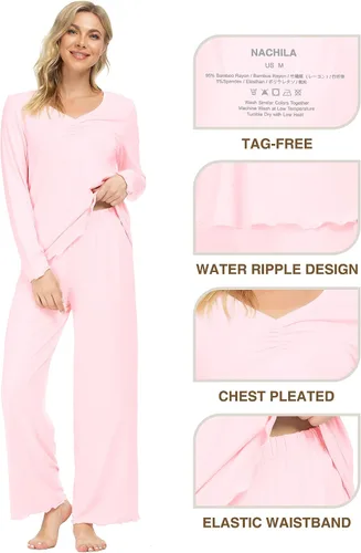 Vista 4 de NACHILA Conjunto de pijama de bambú de manga larga para mujer, conjunto de pantalones de pijama suave S-XXL