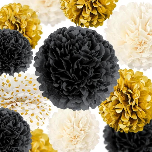 Vista 2 de NICROLANDEE Suministros de fiesta negros y dorados para graduación 2026, 12 pompones de tejido de 12 pulgadas decorativos para graduación, boda