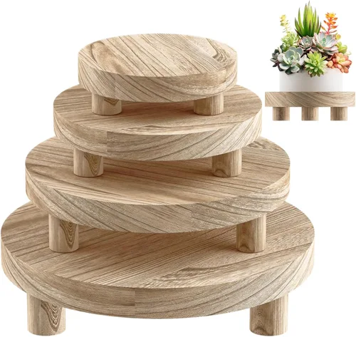 Vista 13 de 3 Piezas Soporte de Madera para Plantas Interior Exterior, Elevador Redondo de Madera para Decoración 6/8/10" Taburete de Madera Soporte