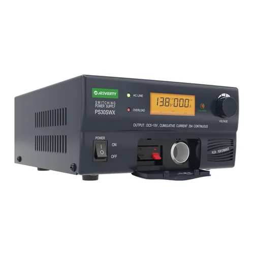 Vista 7 de PS-30SWX fuente de alimentación universal de banco regulada DC, convertidor de energía AC a DC, 13.8V (5-15V ajustable) 30A (máx.), con conector