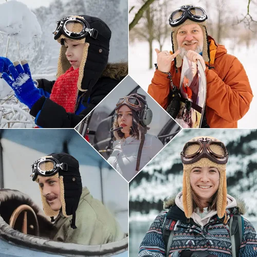 Vista 2 de Peicees Sombrero de aviador con gafas para adultos y niños, disfraz de Amelia Earhart, gorra de piloto, gafas vintage para hombres y mujeres