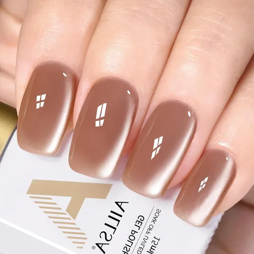 Vista 14 de AILLSA - Esmalte de uñas de gel ojo de gato color marrón con purpurina dorada con imán, esmalte de uñas de gel ámbar destello nude con cristales