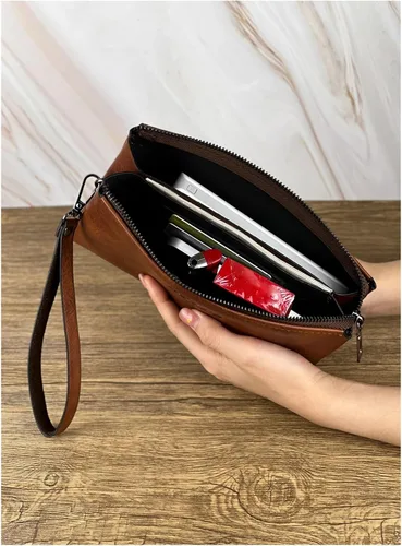 Vista 3 de Bolso de mano retro para hombre, cartera de negocios, gran capacidad, doble compartimento, cremallera